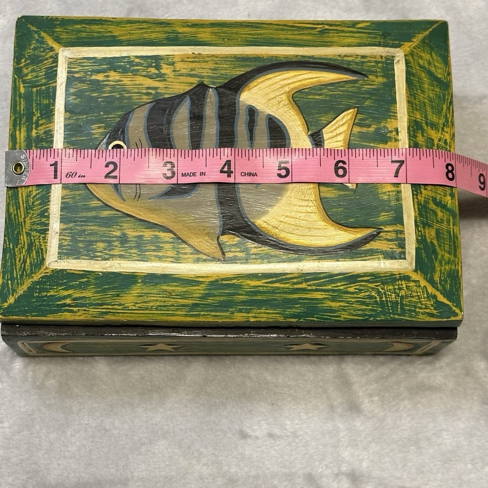 Vintage Hinged Wooden Box Hand Painted Fish Moon & Stars Green Colorful - Picture 11 of 14